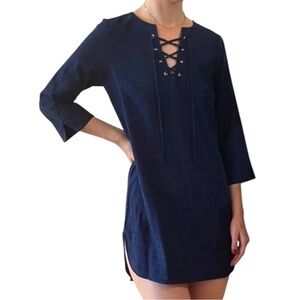 NWT Merona Navy Blue Cotton Lace Up 3/4 Sleeve Beach Swim Cover Up Mini Dress S